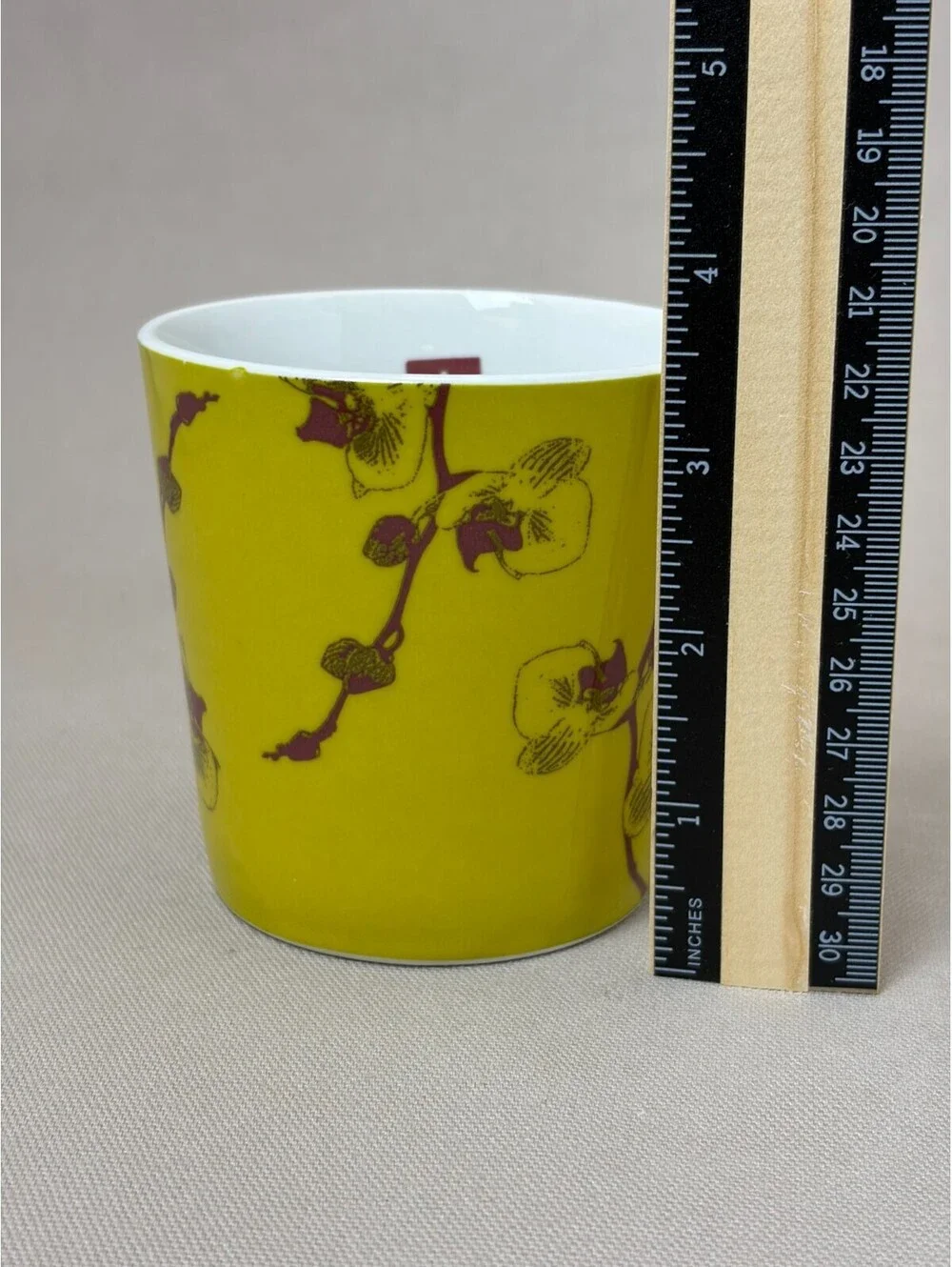 Trish Richman Porcelain Coffee Mug Chartreuse Yellow Plum Orchid Tea Cup 12 oz